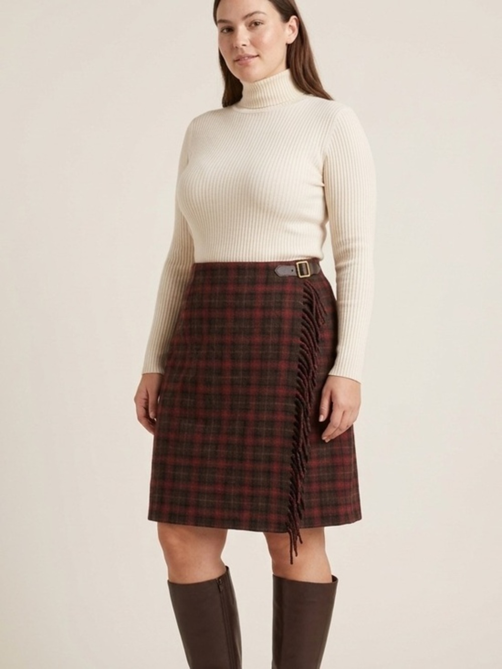 Vintage 90s Eddie Bauer Plaid Wool Wrap Kilt Skirt Fringe Buckle. Size 12